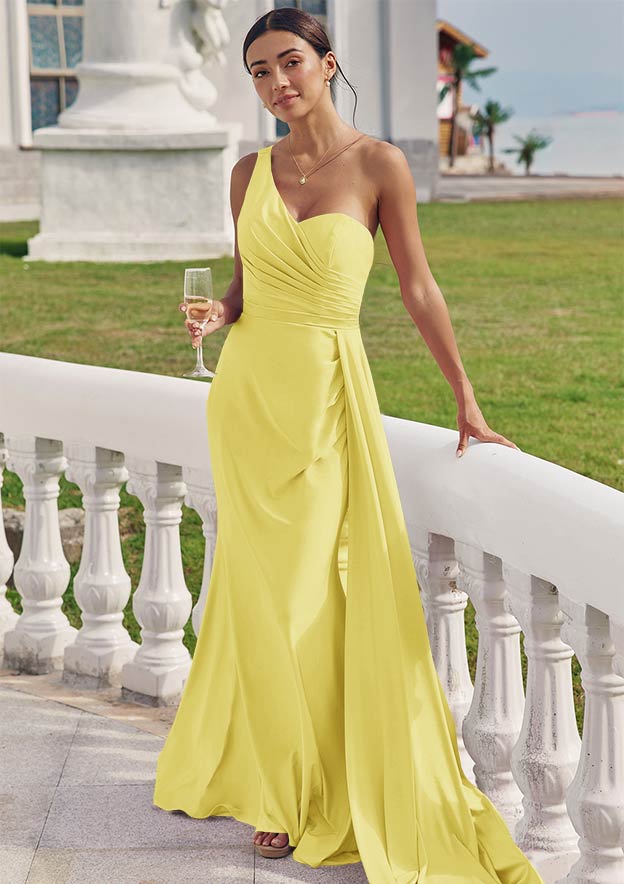 Yellow Satin One-Shoulder Mermaid Dress — Trendy Bridesmaid Dress