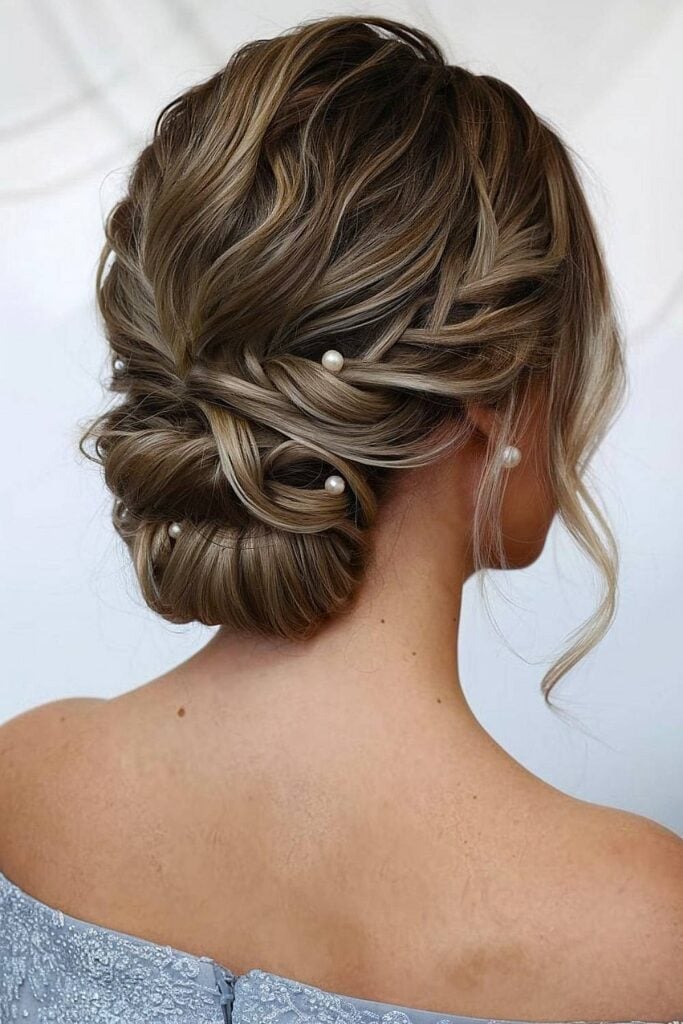 Braided Updo With Pearl Accents Braided Updo With Pearl Accents — Trendy Bridesmaid Hairstyles Updo