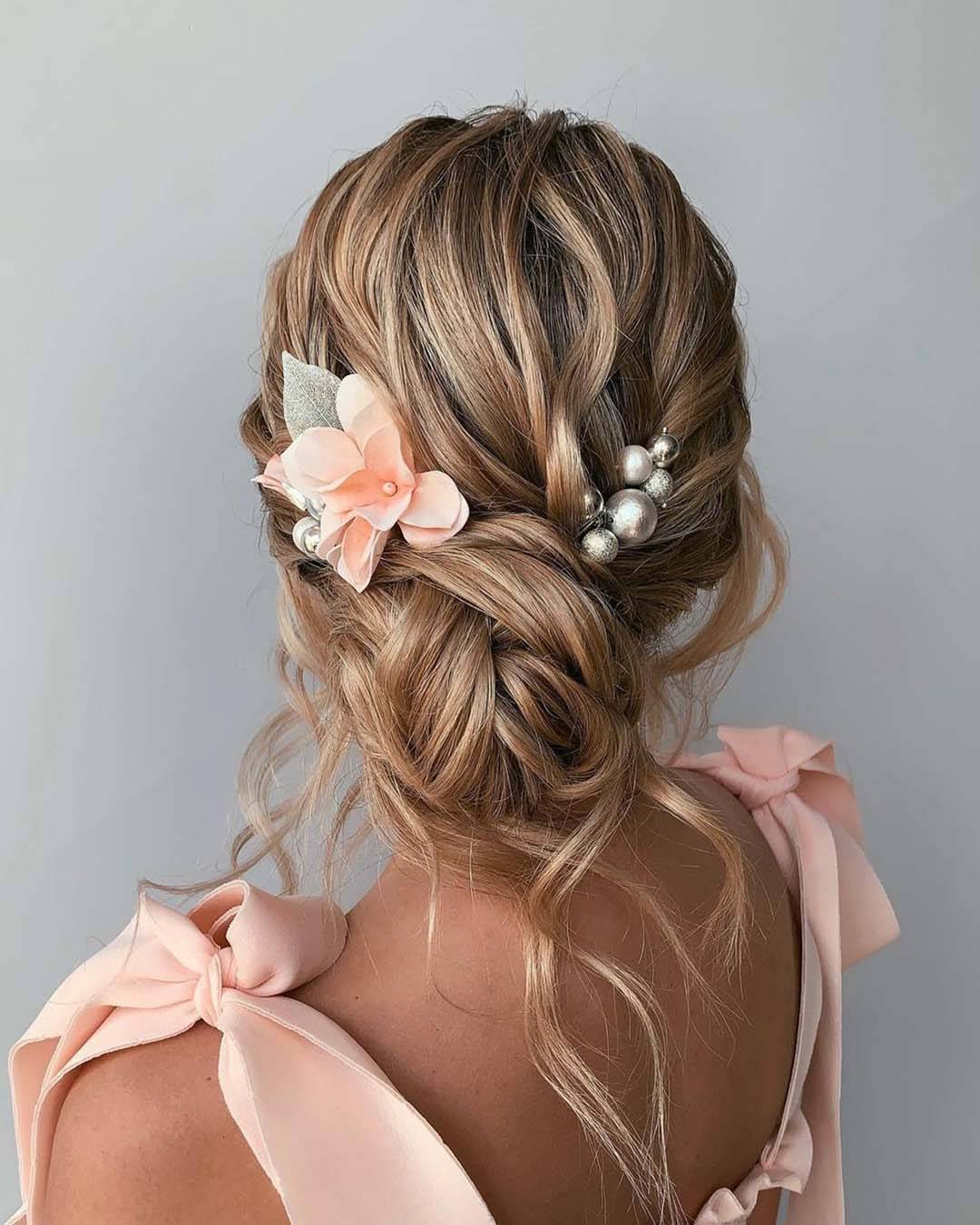 Messy Updo With Fabric Flower Messy Updo With Fabric Flower — Trendy Bridesmaid Hairstyles Updo