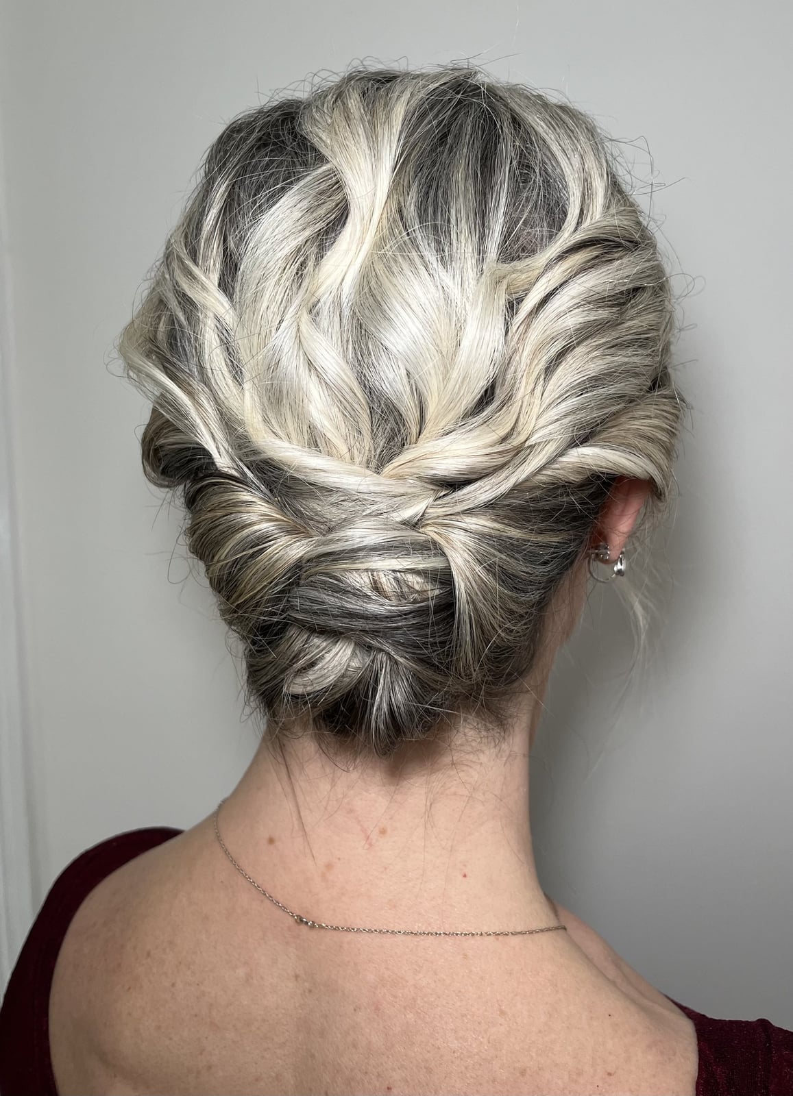 Braided Updo With Grey Blonde Balayage Braided Updo With Grey Blonde Balayage — Trendy Bridesmaid Hairstyles Updo