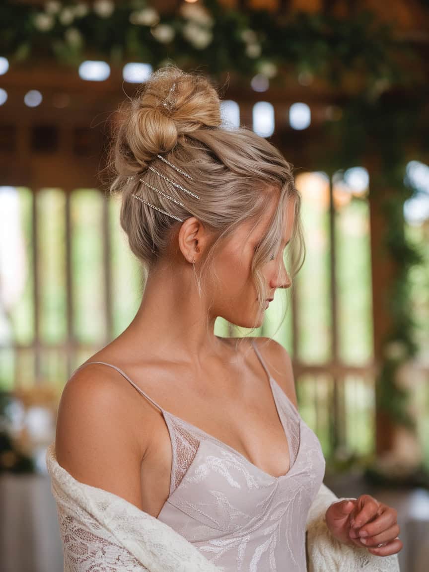 Messy Bun With Sparkling Pins Messy Bun With Sparkling Pins — Trendy Bridesmaid Hairstyles Updo