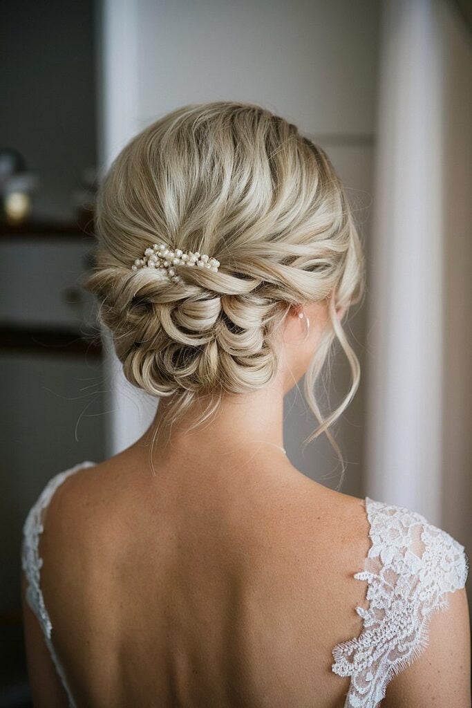 Twisted Updo With Pearl Pin Twisted Updo With Pearl Pin — Trendy Bridesmaid Hairstyles Updo