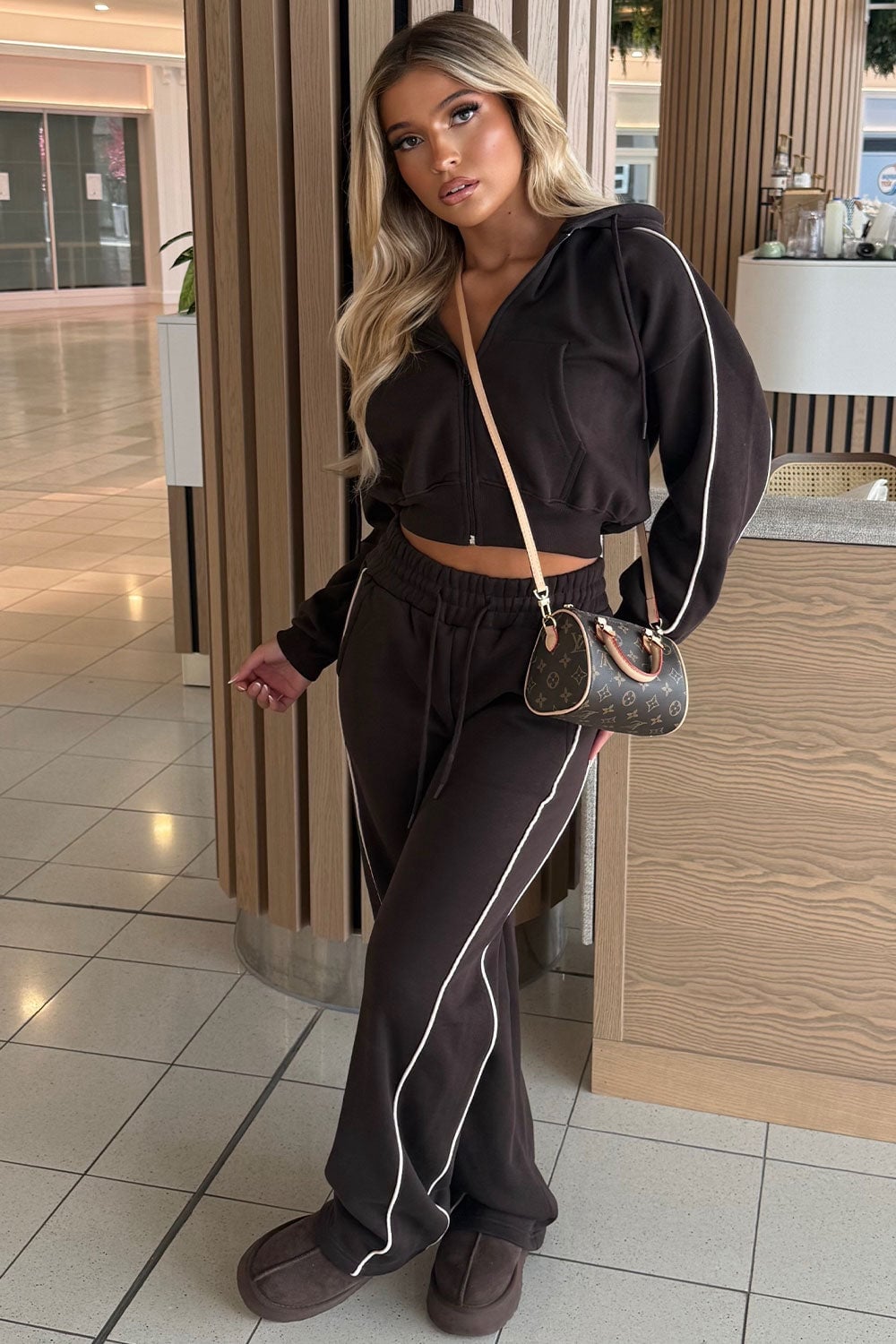 Tracksuit With Contrast Piping Detail — Trendy Brown Hoodie Outfit
