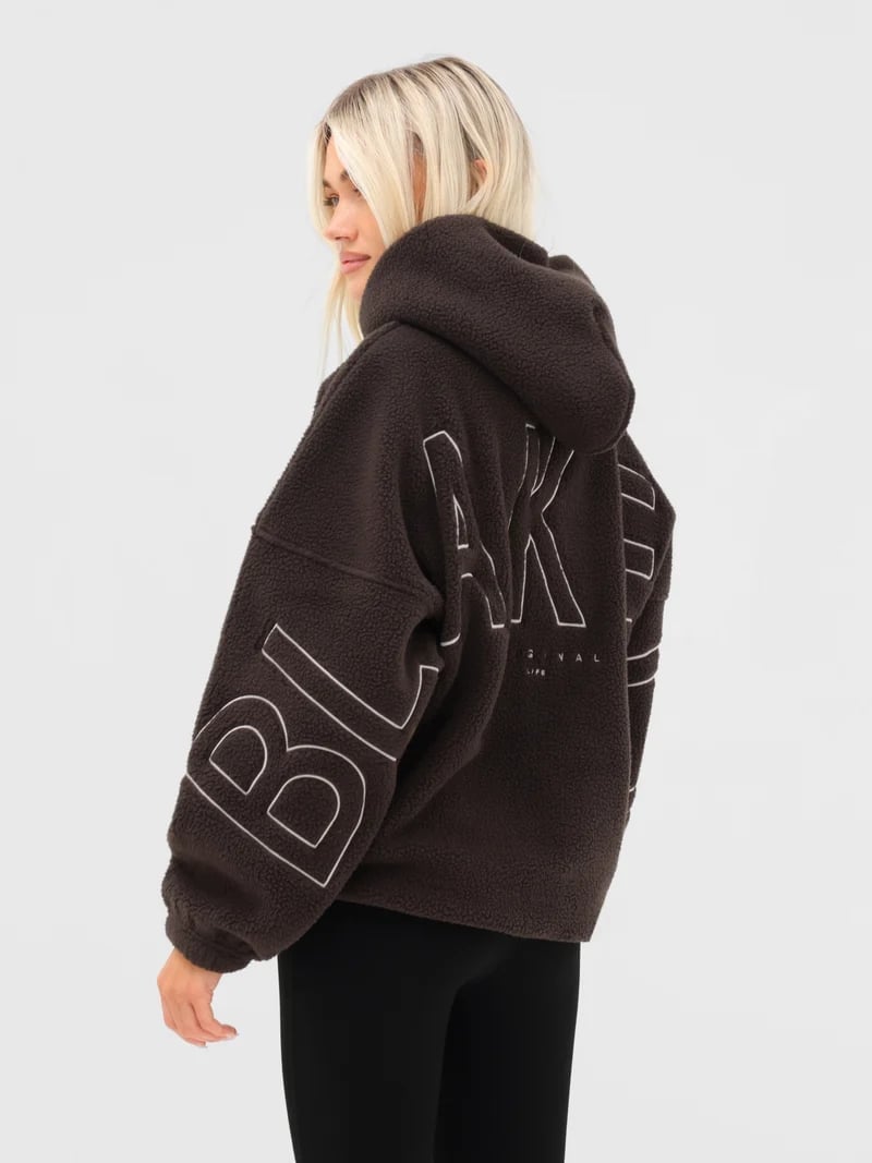 Dark Brown Borg Fleece Hoodie With Outline Logo — Trendy Brown Hoodie Outfit