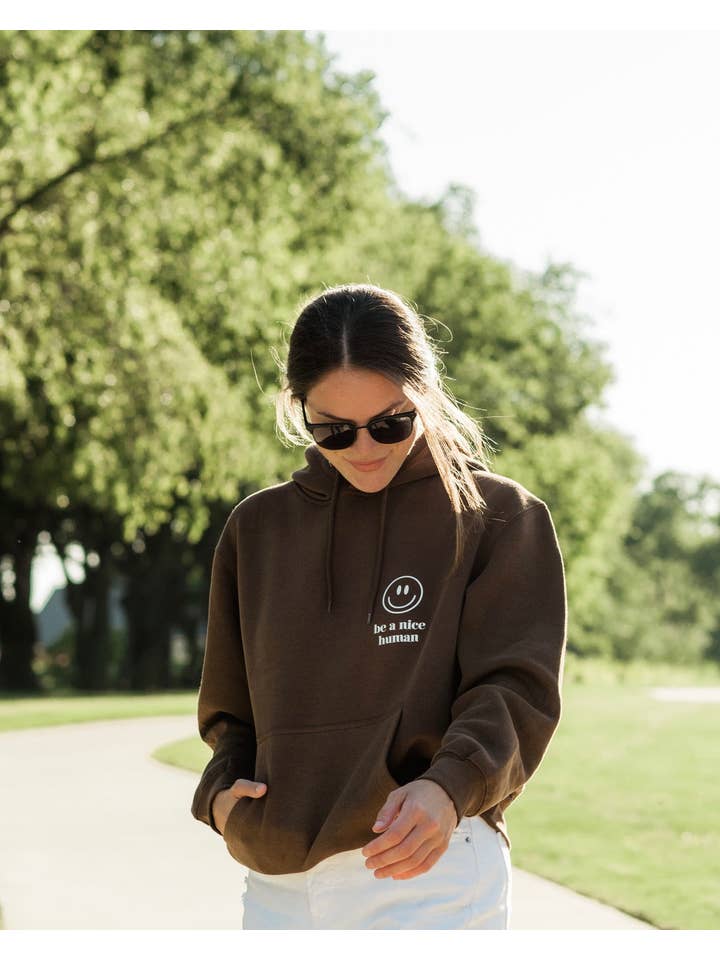 Brown Hoodie With White Smiley Face Graphic — Trendy Brown Hoodie Outfit