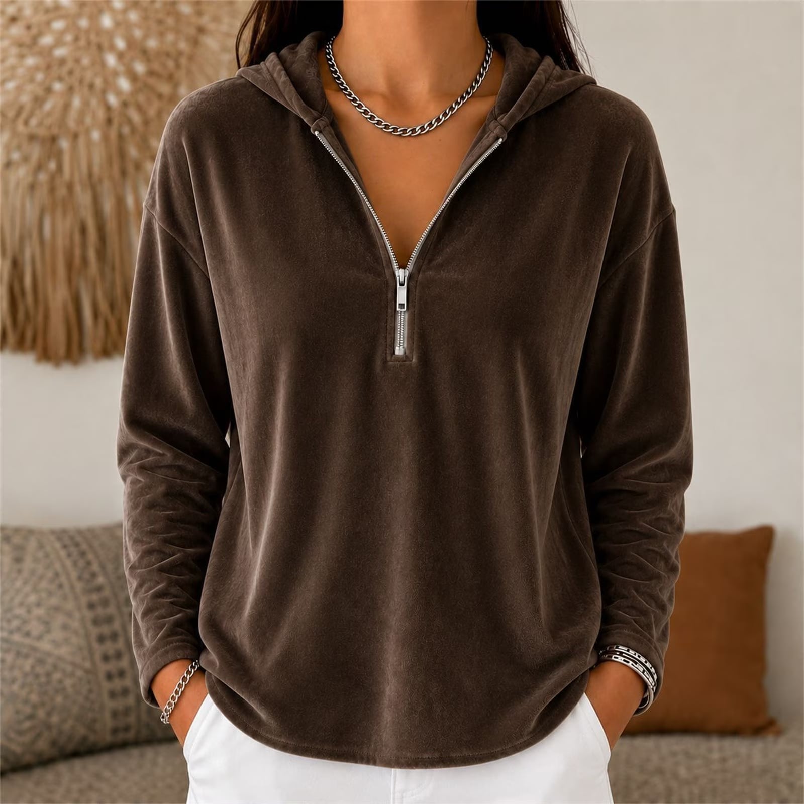 Brown Velour Hoodie With Silver Chain — Trendy Brown Hoodie Outfit