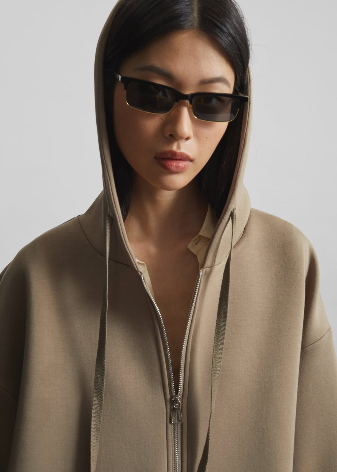 Beige Zip Hoodie Over Collared Shirt — Trendy Brown Hoodie Outfit