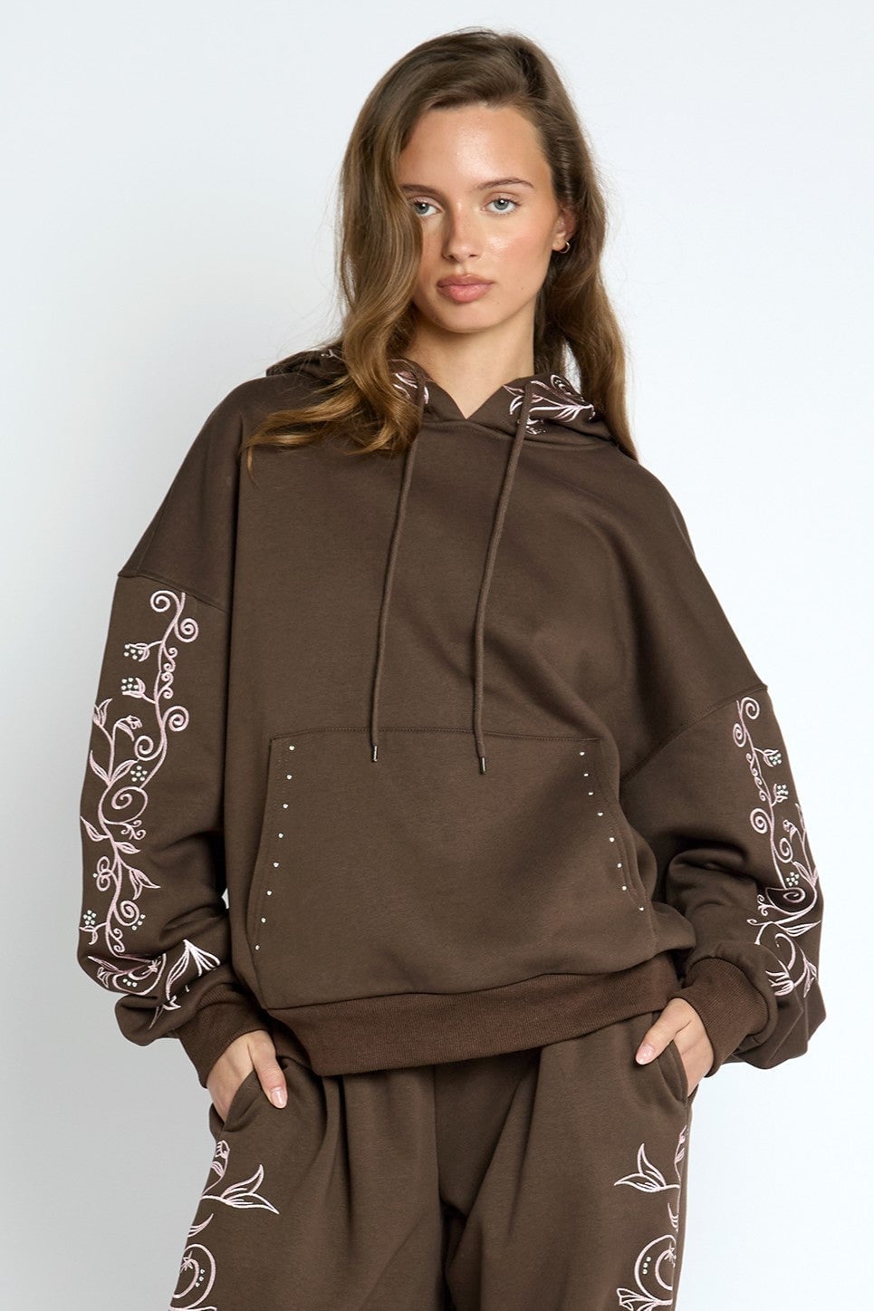 Embroidered Brown Hoodie With Matching Sweatpants — Trendy Brown Hoodie Outfit