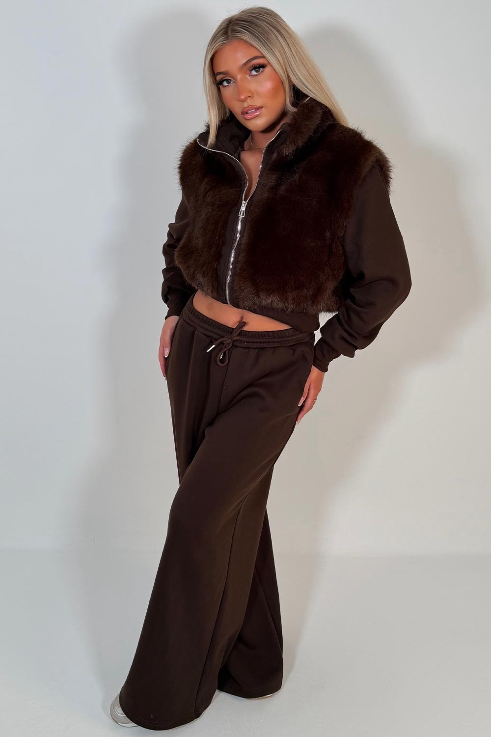 Cropped Brown Hoodie Under Faux Fur Jacket — Trendy Brown Hoodie Outfit