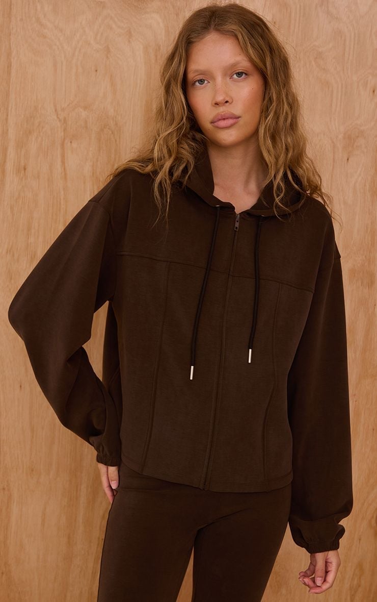 Cropped Brown Zip Hoodie With Corset Detail — Trendy Brown Hoodie Outfit