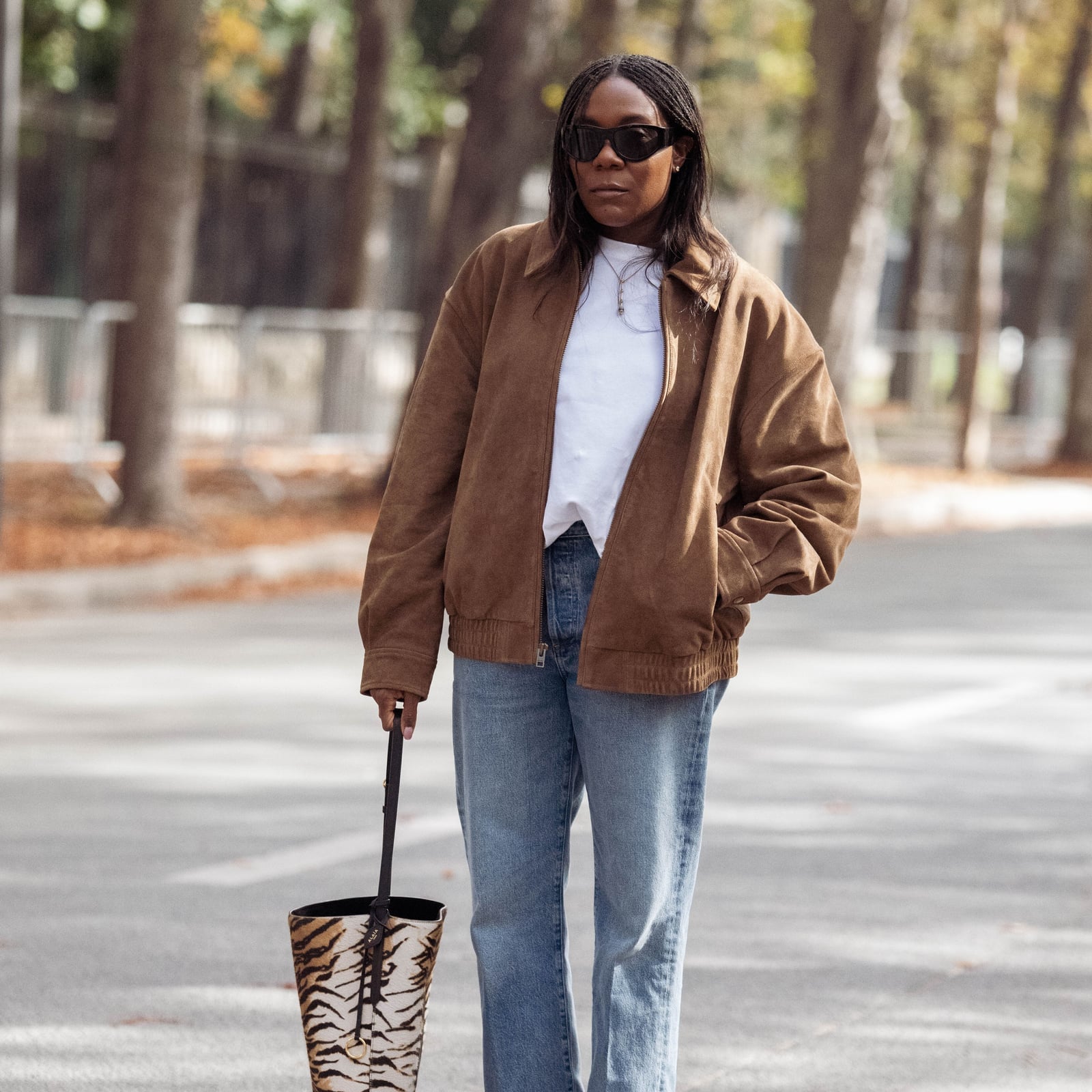Relaxed Suede Jacket With Tiger Print Bag — Trendy Brown Jacket Outfit
