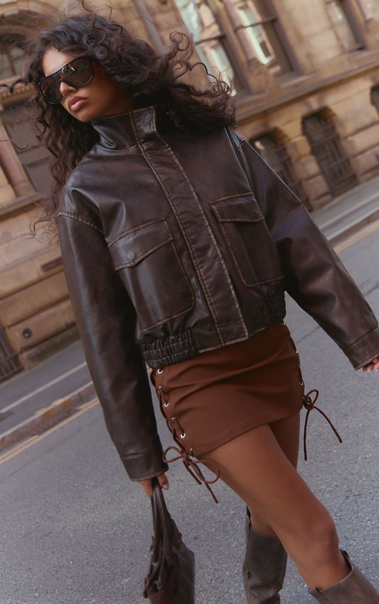 Cropped Faux Leather Bomber With Mini Skirt — Trendy Brown Jacket Outfit
