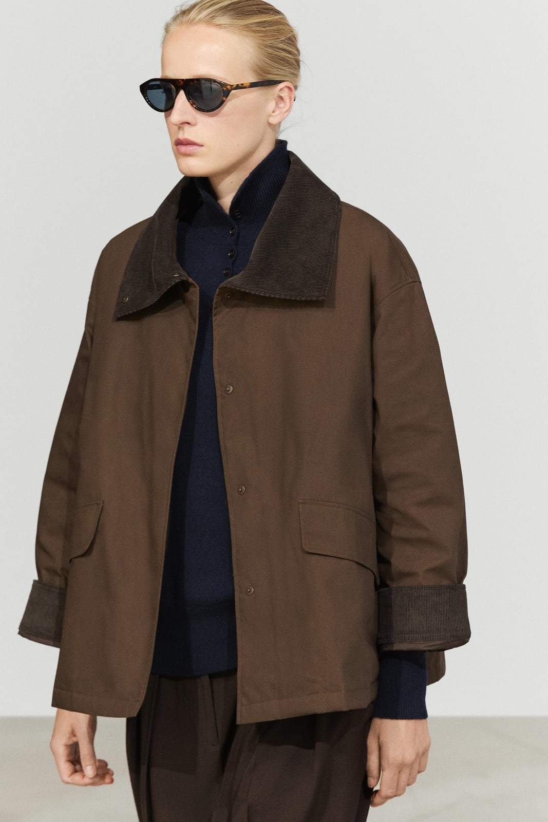 Oversized Jacket With Corduroy Details — Trendy Brown Jacket Outfit