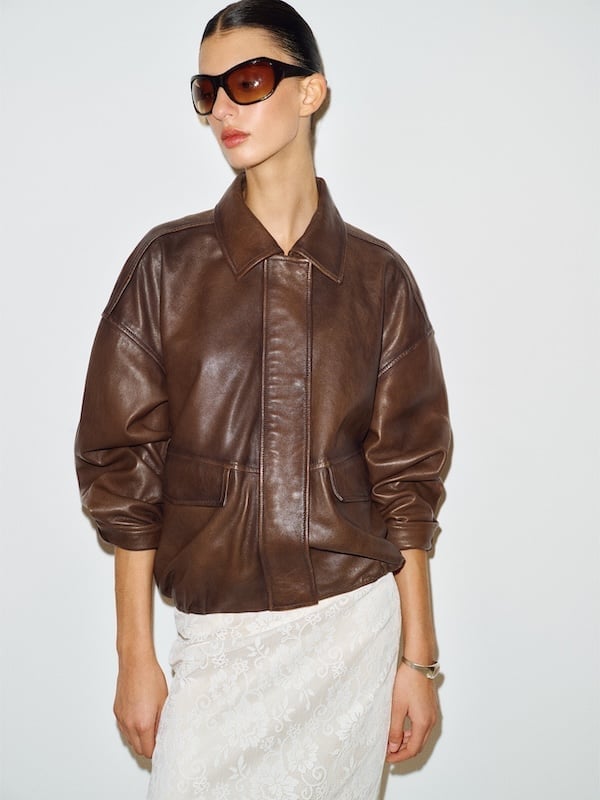 Cropped Leather Bomber With Lace Skirt — Trendy Brown Jacket Outfit