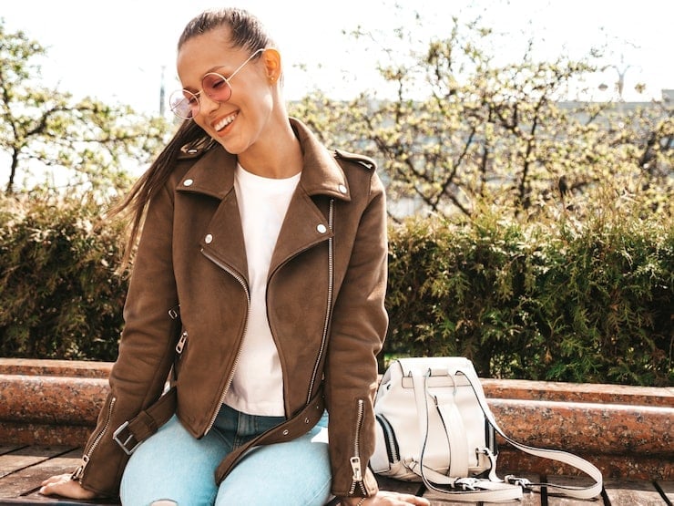 Brown Suede Moto Jacket With Jeans — Trendy Brown Jacket Outfit