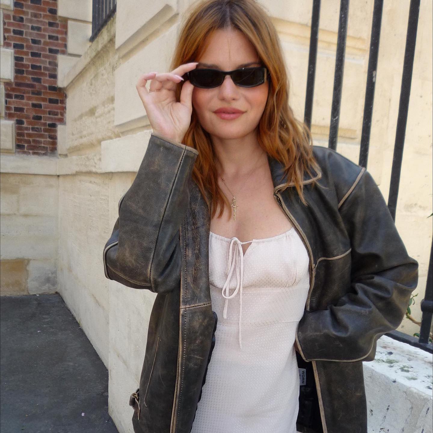 Distressed Leather Jacket Over Slip Dress — Trendy Brown Jacket Outfit