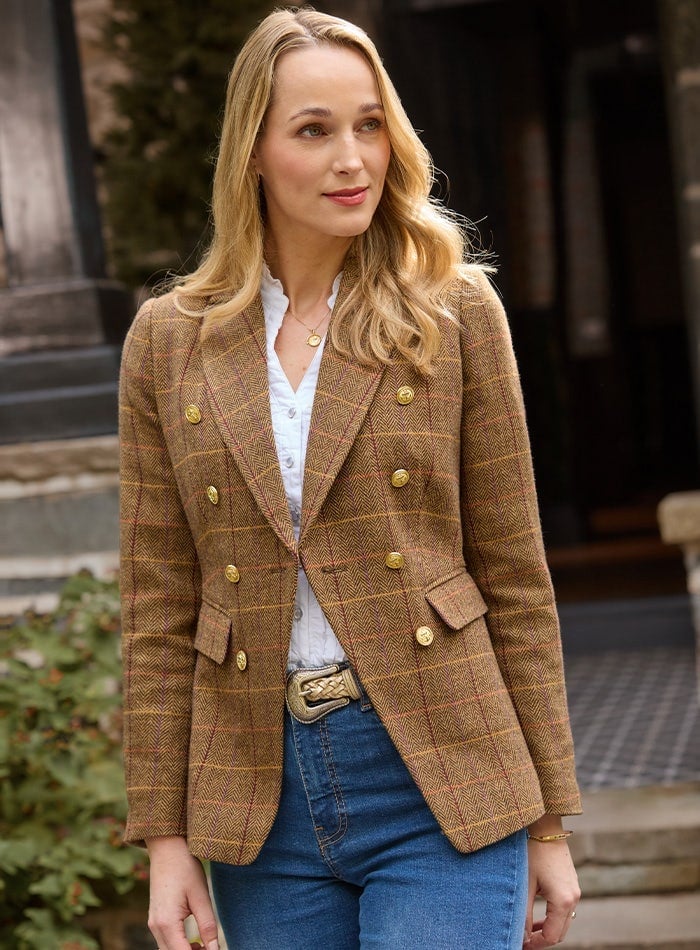 Tweed Blazer With Gold Buttons — Trendy Brown Jacket Outfit