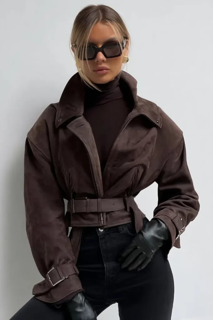 Belted Suede Jacket With Turtleneck and Black Leather Gloves — Trendy Brown Jacket Outfit