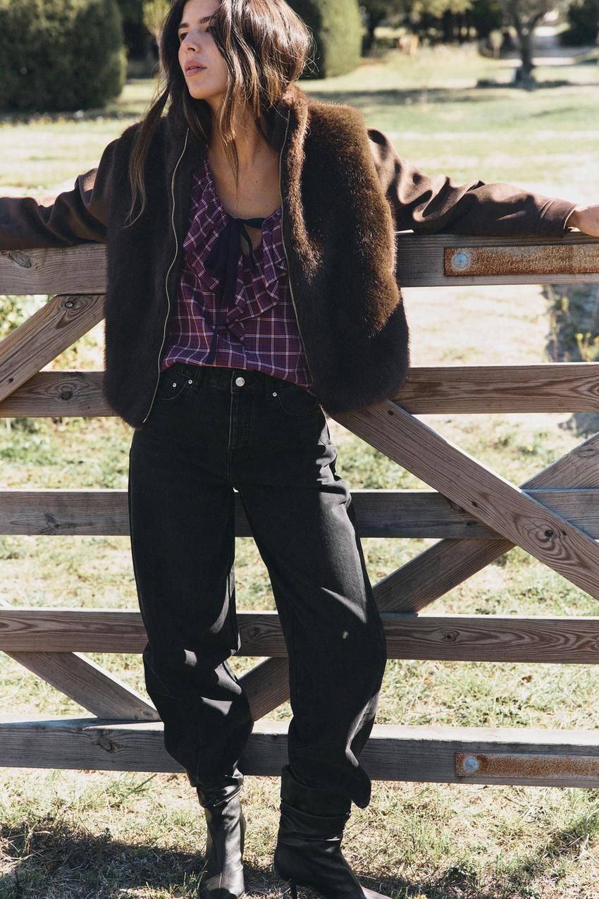 Faux Fur Vest Over Plaid Shirt — Trendy Brown Jacket Outfit