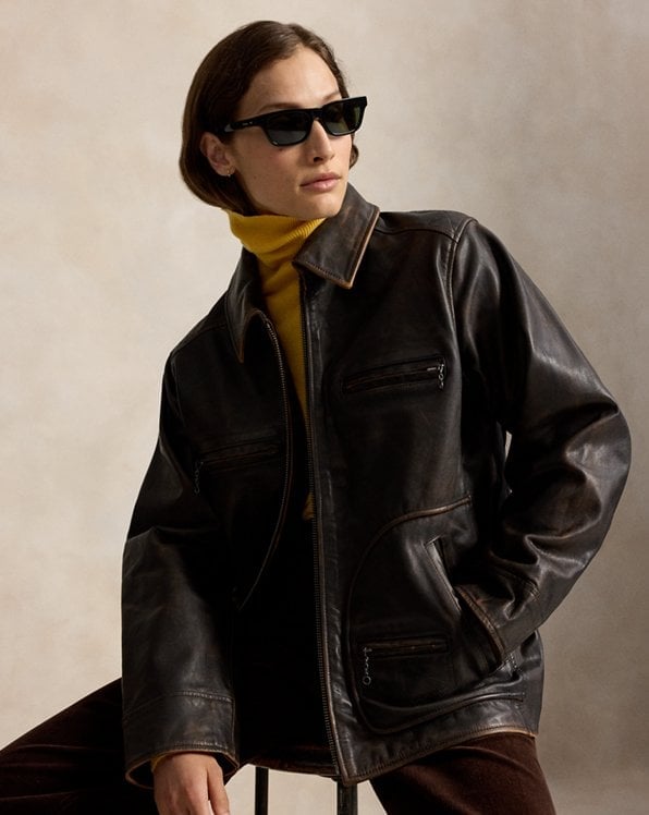 Distressed Leather Jacket With Yellow Turtleneck — Trendy Brown Jacket Outfit