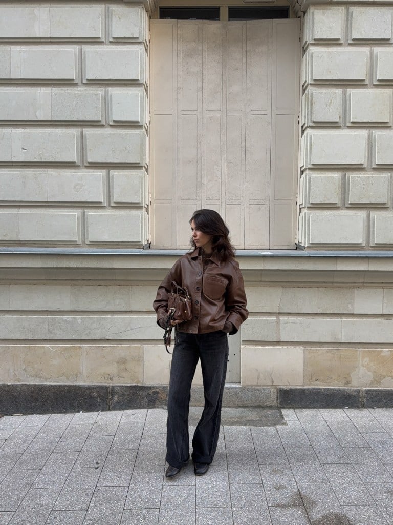 Brown Leather Jacket With Wide Leg Jeans — Trendy Brown Jacket Outfit