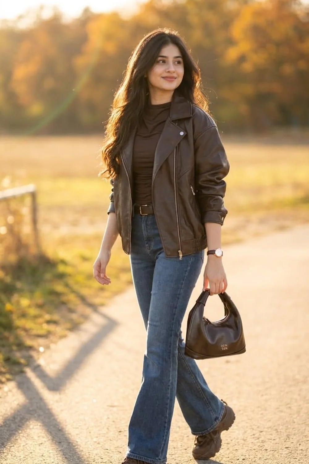 Leather Biker Jacket With Flared Jeans — Trendy Brown Jacket Outfit