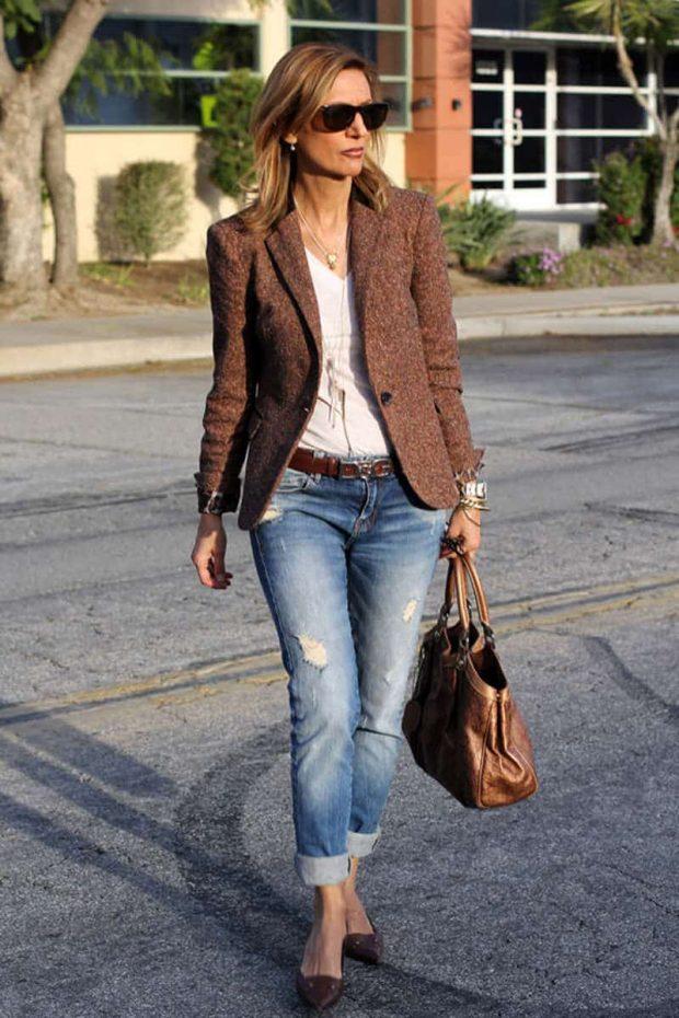 Tweed Blazer With Ruffled Blouse — Trendy Brown Jacket Outfit