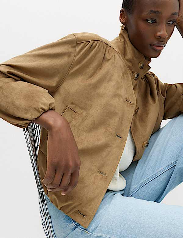 Faux Suede Jacket With Puffed Sleeves — Trendy Brown Jacket Outfit