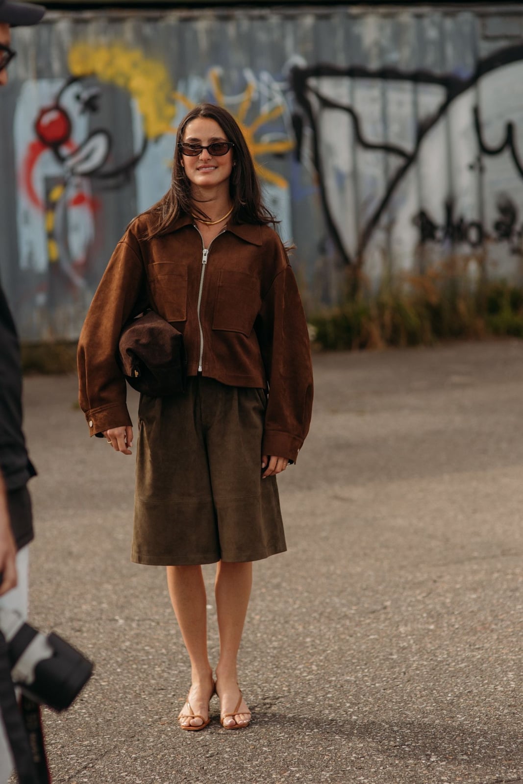 Oversized Cropped Suede Jacket With Shorts — Trendy Brown Jacket Outfit