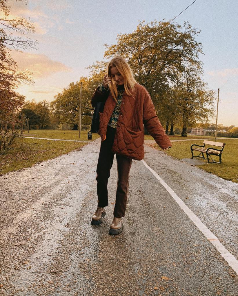 Quilted Jacket With Platform Boots — Trendy Brown Jacket Outfit