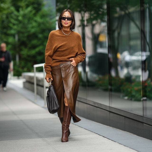 Brown Leather Wrap Skirt with Knit Sweater and Knee-High Boots Brown Leather Wrap Skirt with Knit Sweater and Knee-High Boots — Trendy Brown Leather Skirt Outfit