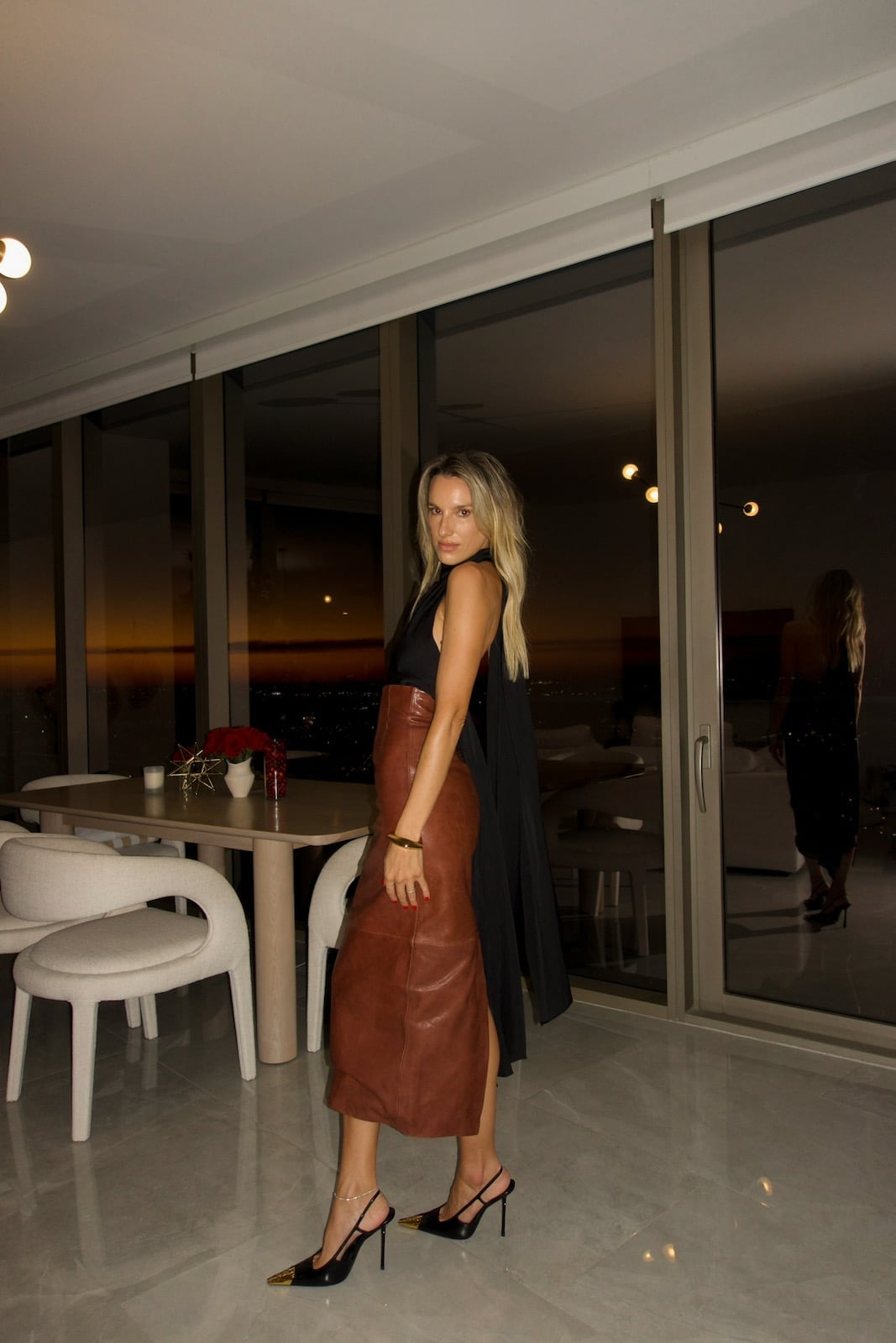 Brown Leather Midi Skirt with Black Sleeveless Top and Cape Overlay Brown Leather Midi Skirt with Black Sleeveless Top and Cape Overlay — Trendy Brown Leather Skirt Outfit