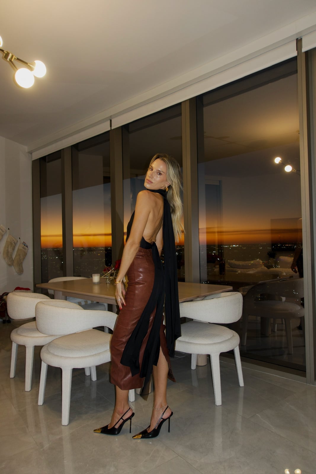 Brown Leather Midi Skirt with Backless Halter Top and Heels Brown Leather Midi Skirt with Backless Halter Top and Heels — Trendy Brown Leather Skirt Outfit