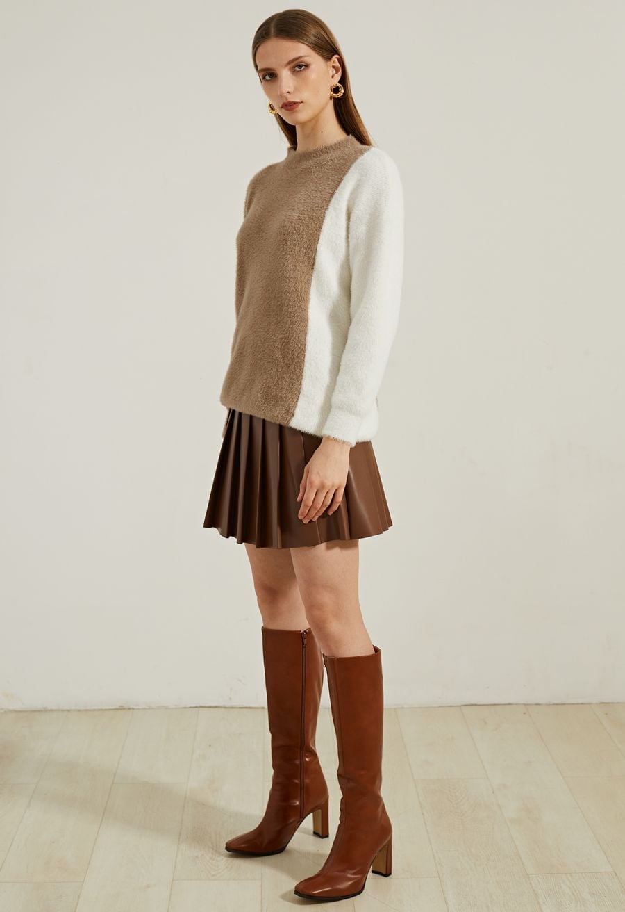 Brown Faux Leather Pleated Mini Skirt with Fluffy Sweater Brown Faux Leather Pleated Mini Skirt with Fluffy Sweater — Trendy Brown Leather Skirt Outfit