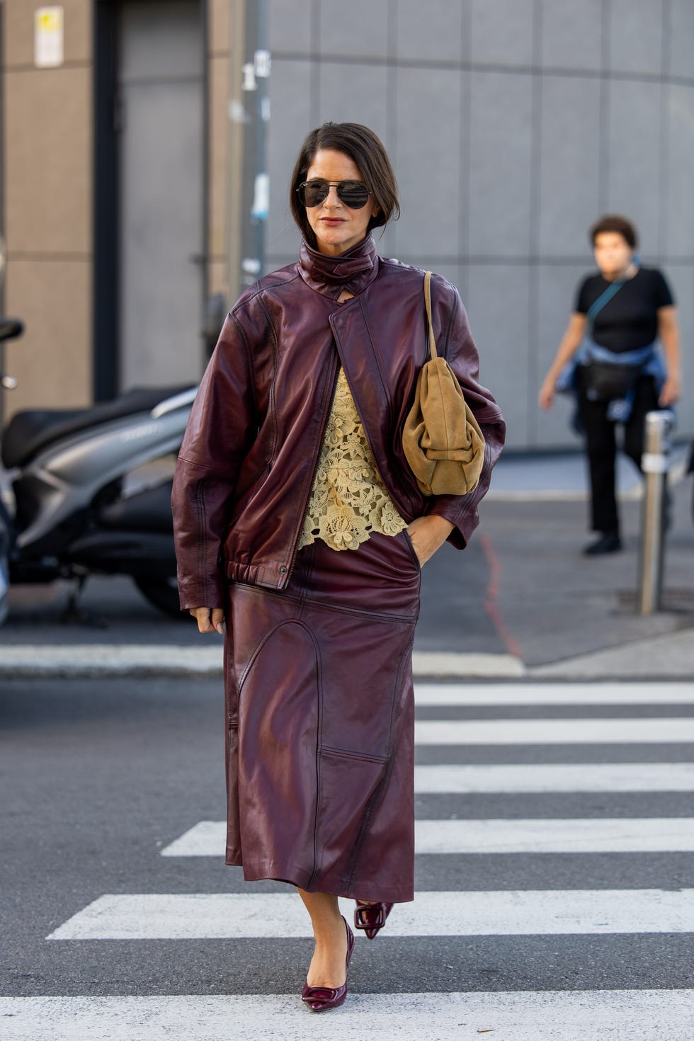 Burgundy Leather Midi Skirt Set with Yellow Lace Top and Matching Burgundy Leather Midi Skirt Set with Yellow Lace Top and Matching — Trendy Brown Leather Skirt Outfit