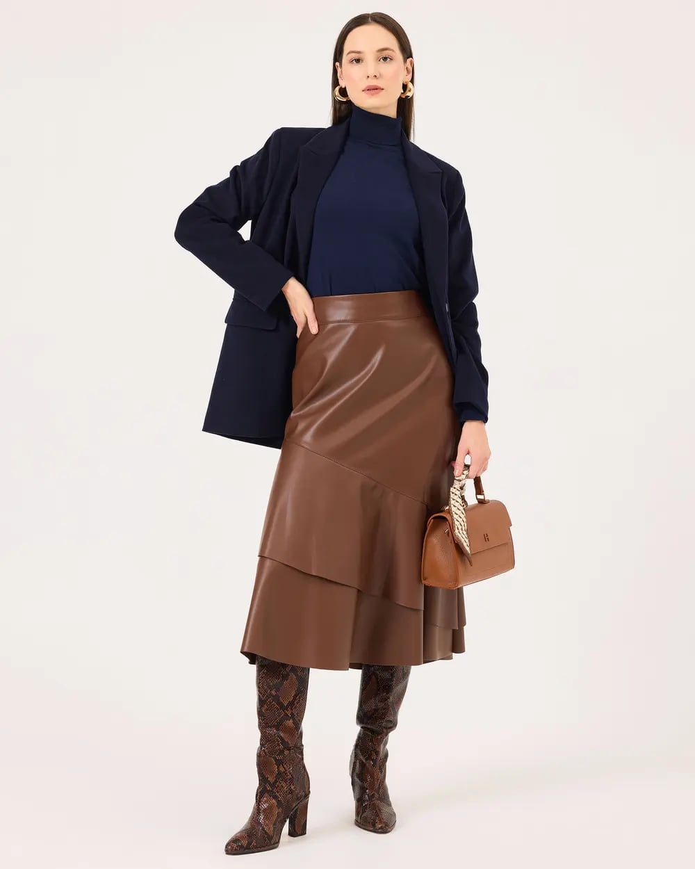 Layered Brown Faux Leather Midi Skirt with Navy Turtleneck and Blazer Layered Brown Faux Leather Midi Skirt with Navy Turtleneck and Blazer — Trendy Brown Leather Skirt Outfit