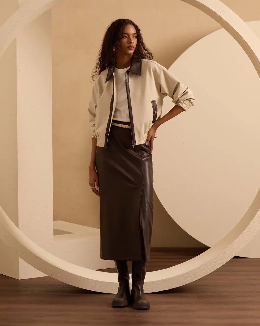 Brown Leather Midi Skirt with Slit, White Tee, and Bomber Jacket Brown Leather Midi Skirt with Slit, White Tee, and Bomber Jacket — Trendy Brown Leather Skirt Outfit