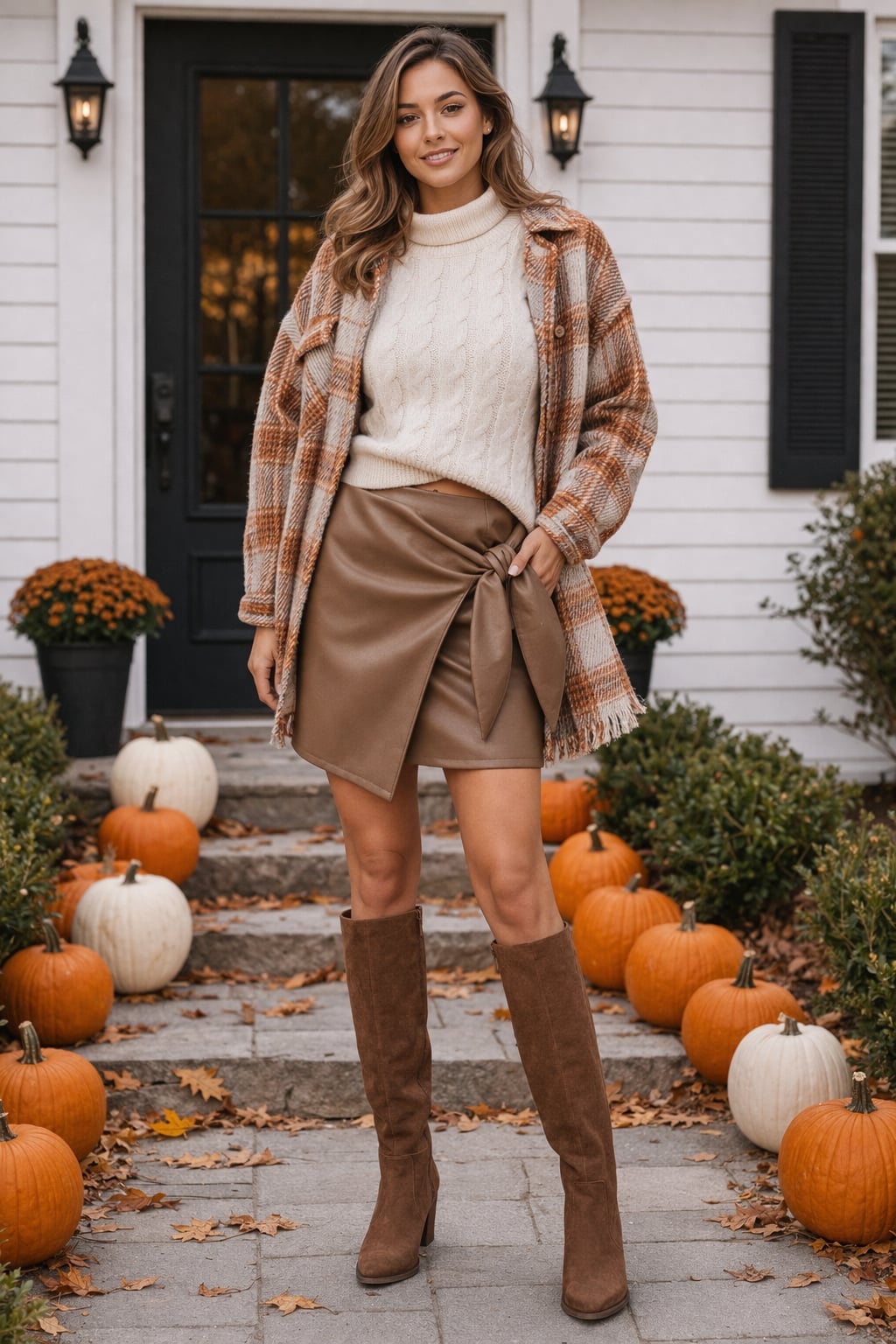 Brown Knot Mini Skirt with Cable Knit Turtleneck and Plaid Shirt Brown Knot Mini Skirt with Cable Knit Turtleneck and Plaid Shirt — Trendy Brown Leather Skirt Outfit