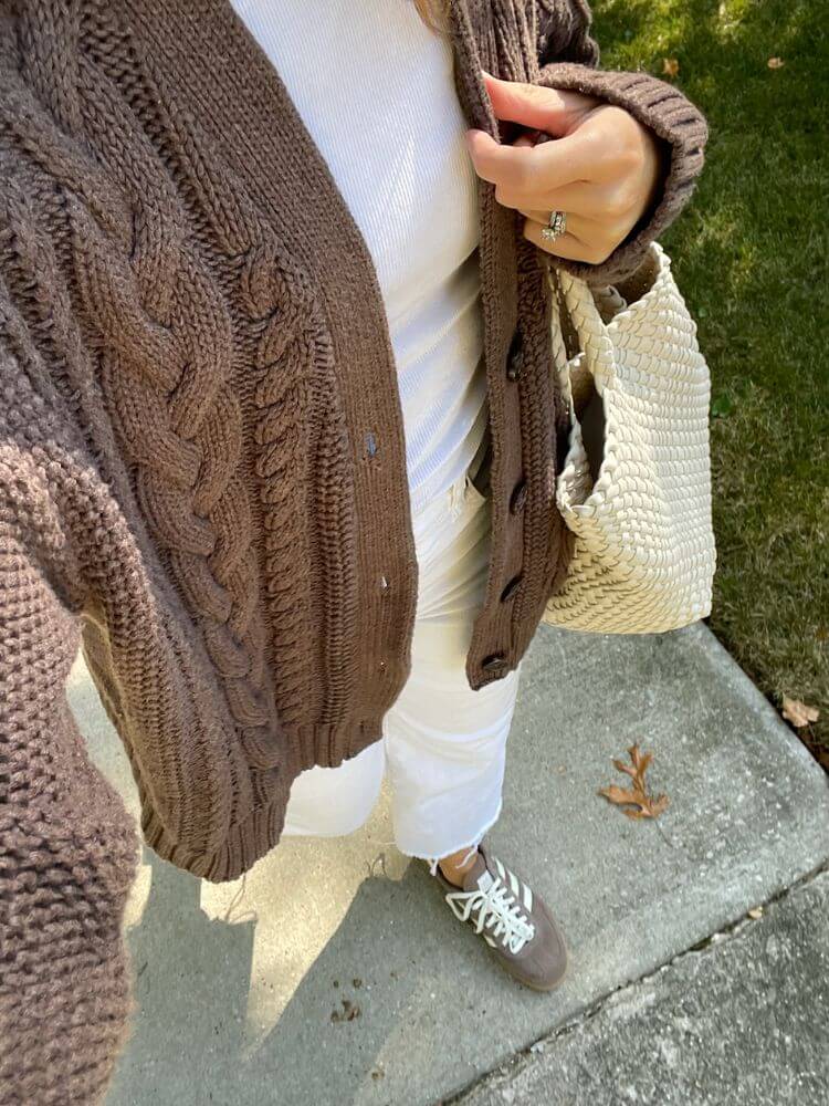Cable Knit Cardigan and White Tank Top — Trendy Brown Sneakers Outfit