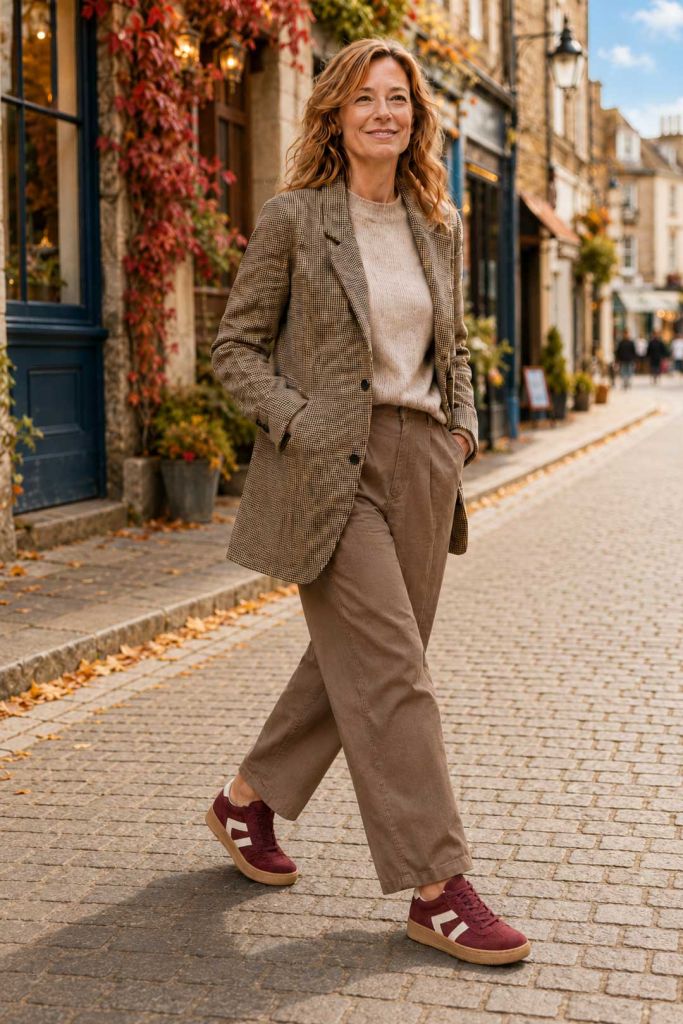 Plaid Blazer and Knit Sweater with Burgundy Sneakers — Trendy Brown Sneakers Outfit