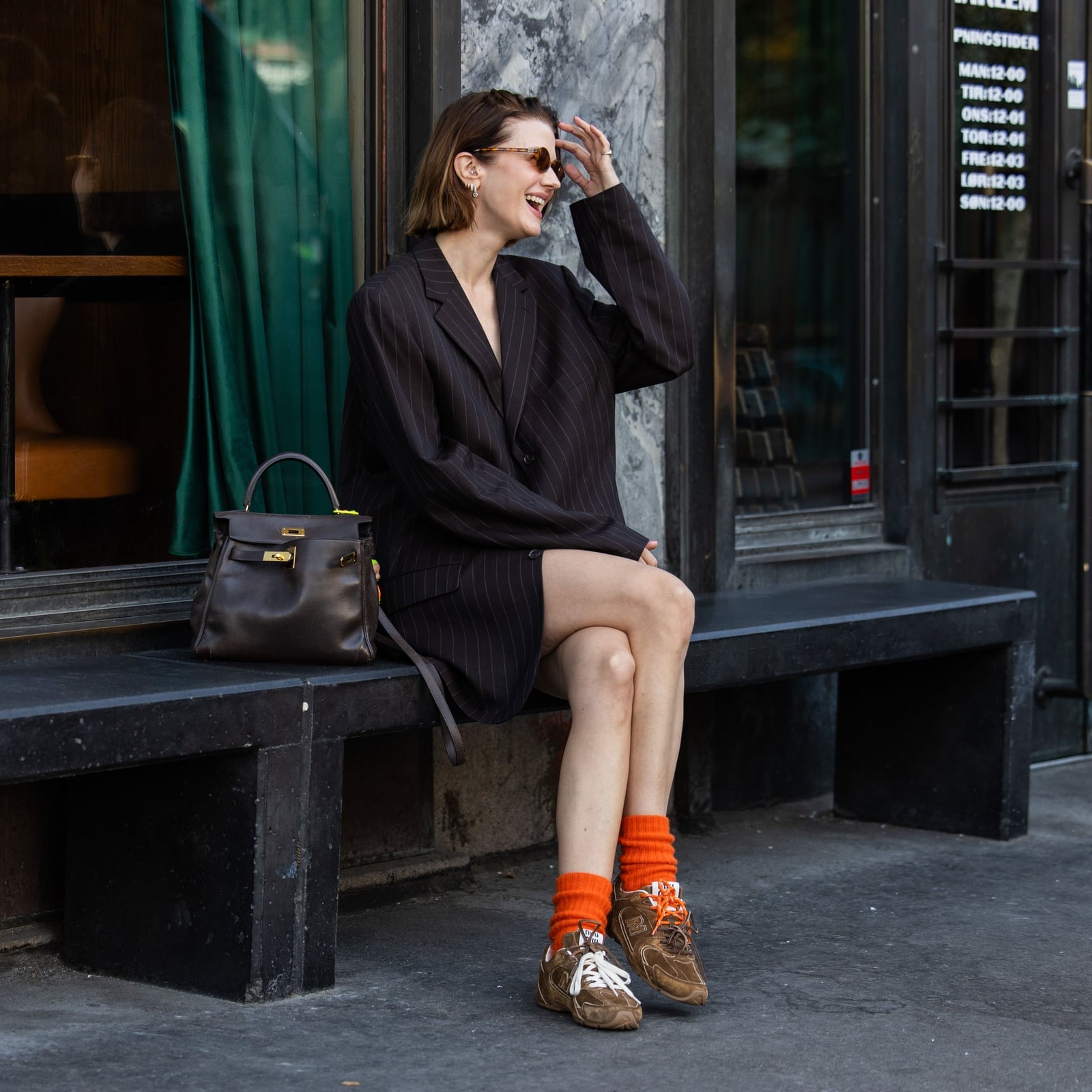 Oversized Pinstripe Blazer with Bright Socks — Trendy Brown Sneakers Outfit