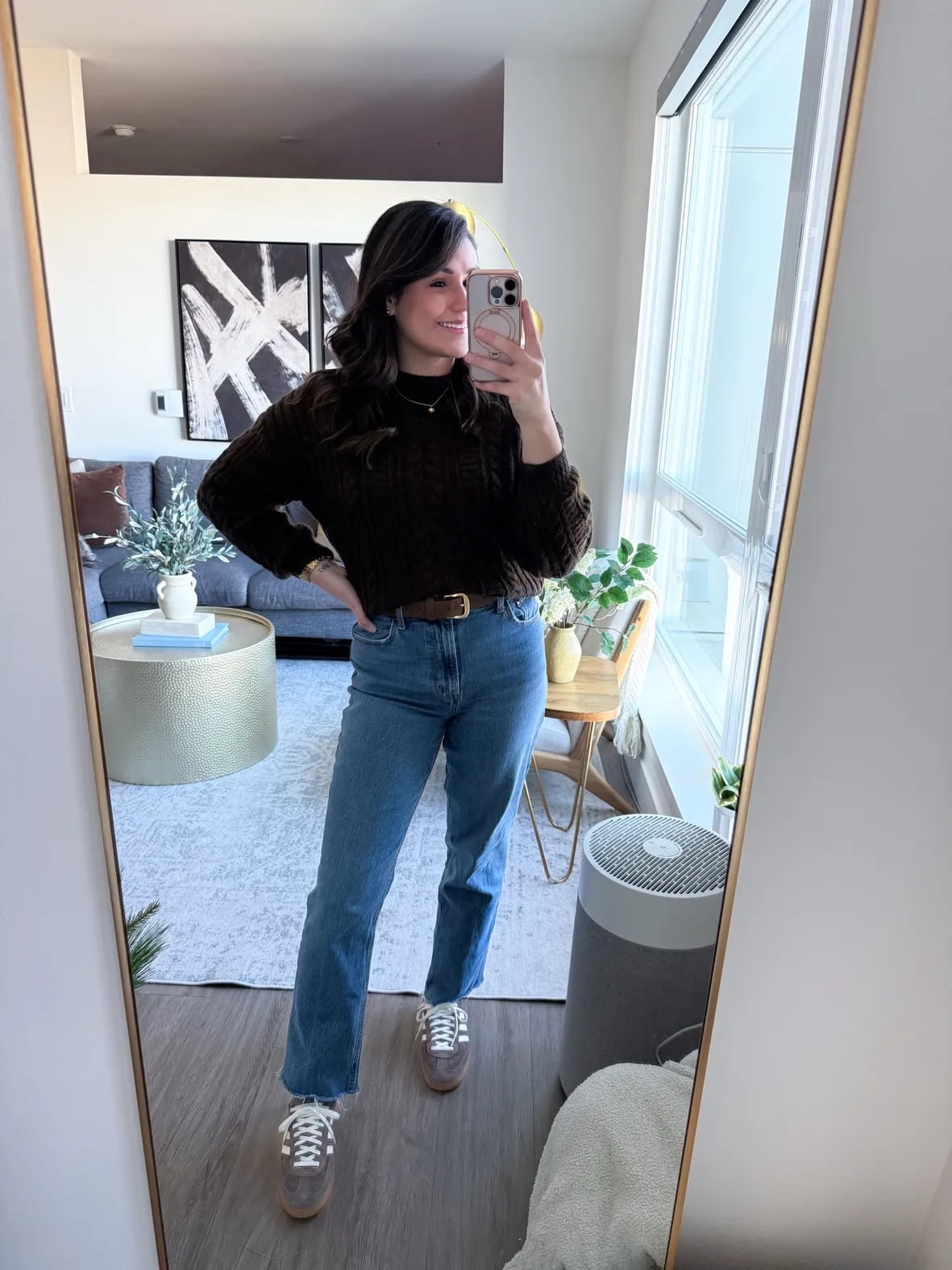 Cable Knit Sweater and Straight Leg Jeans — Trendy Brown Sneakers Outfit