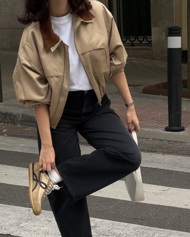 Bomber Jacket and Wide Leg Jeans — Trendy Brown Sneakers Outfit