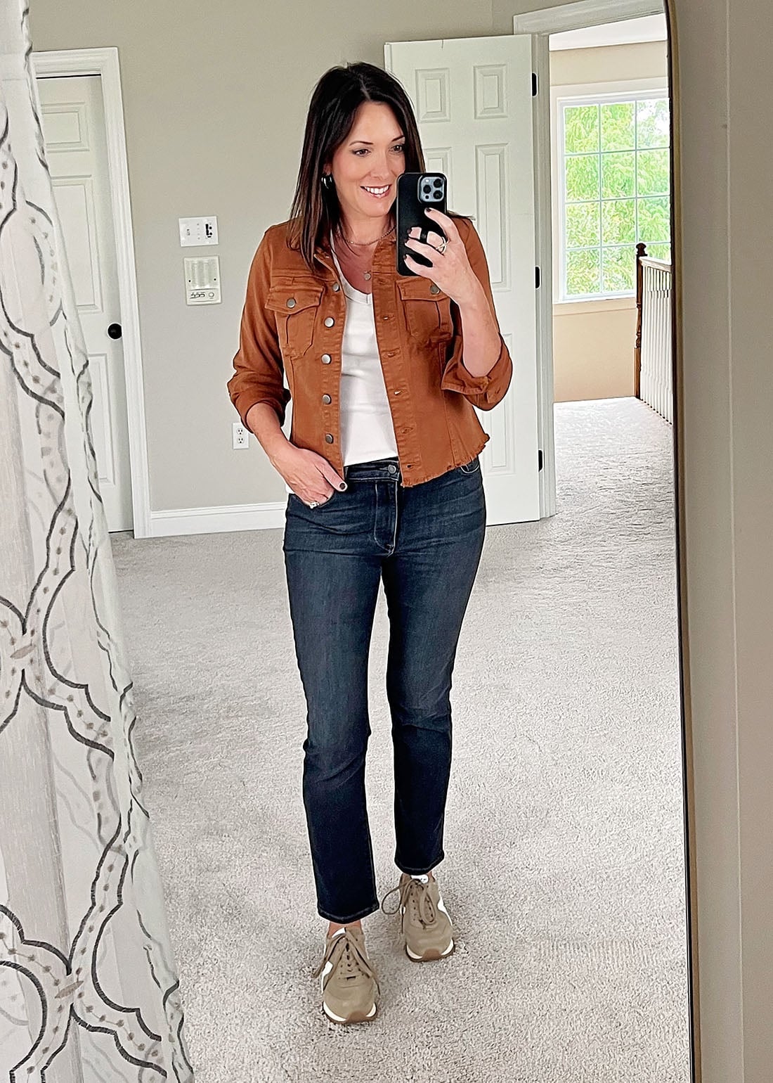 Denim Jacket and Straight Leg Jeans — Trendy Brown Sneakers Outfit