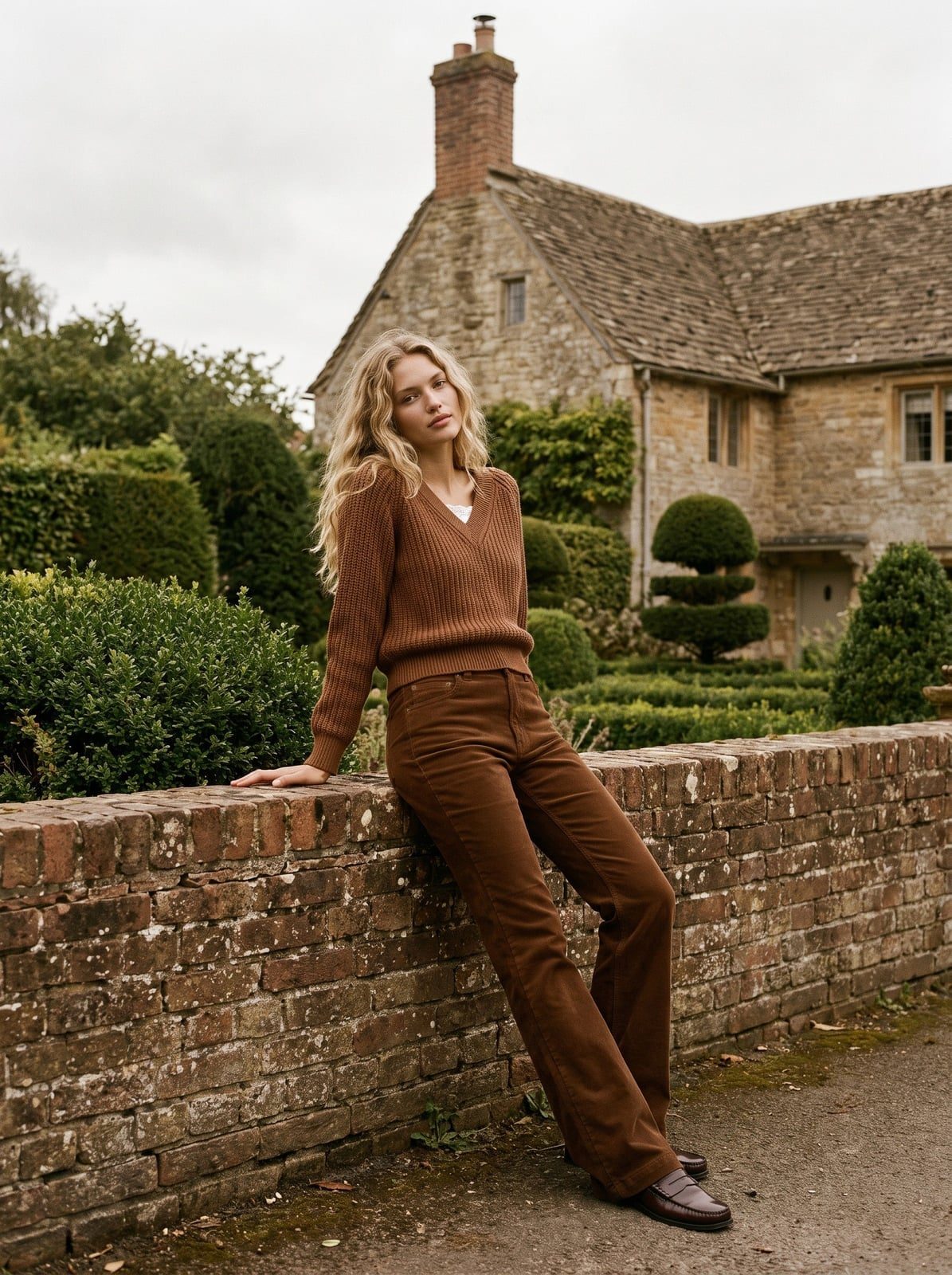 Brown V-Neck Sweater with Corduroy Wide-Leg Trousers — Trendy Brown Sweater Outfit