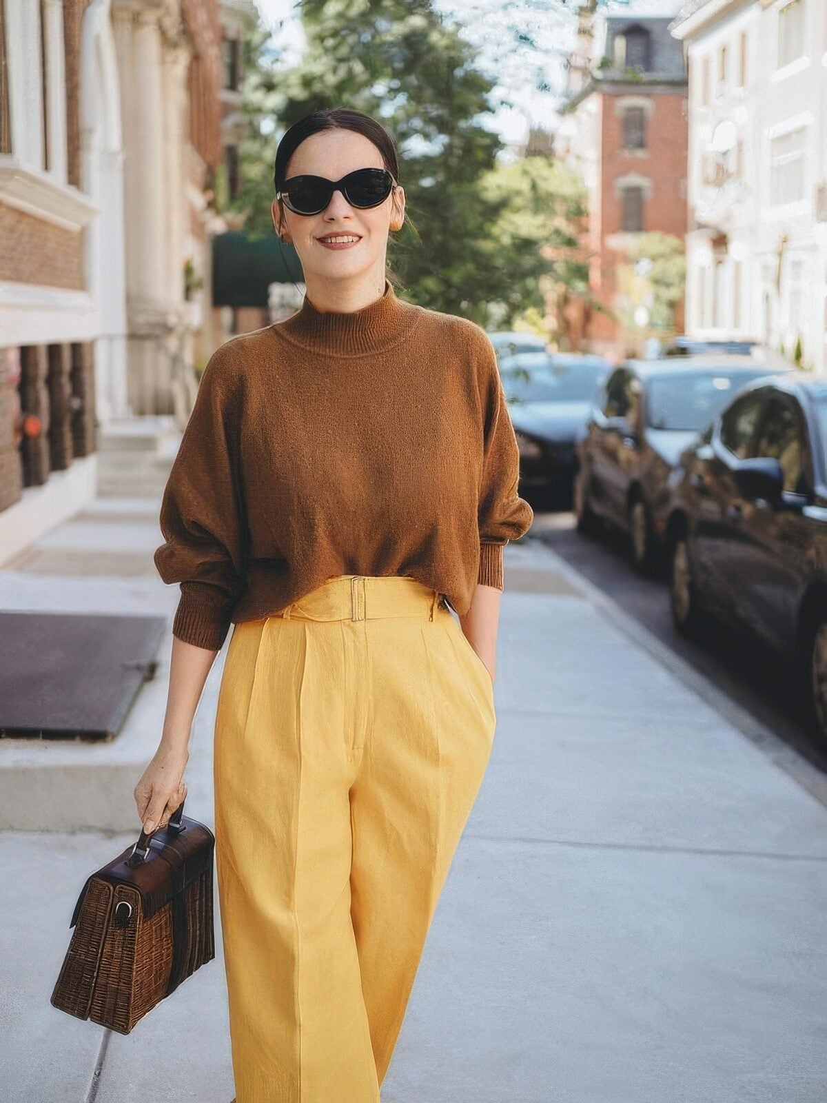 Brown Knit Sweater with High-Waisted Yellow Pants — Trendy Brown Sweater Outfit