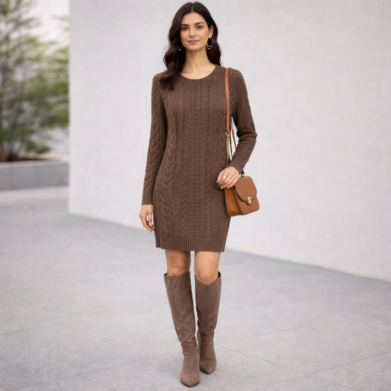 Fitted Brown Cable Knit Sweater Dress with Suede Boots — Trendy Brown Sweater Outfit