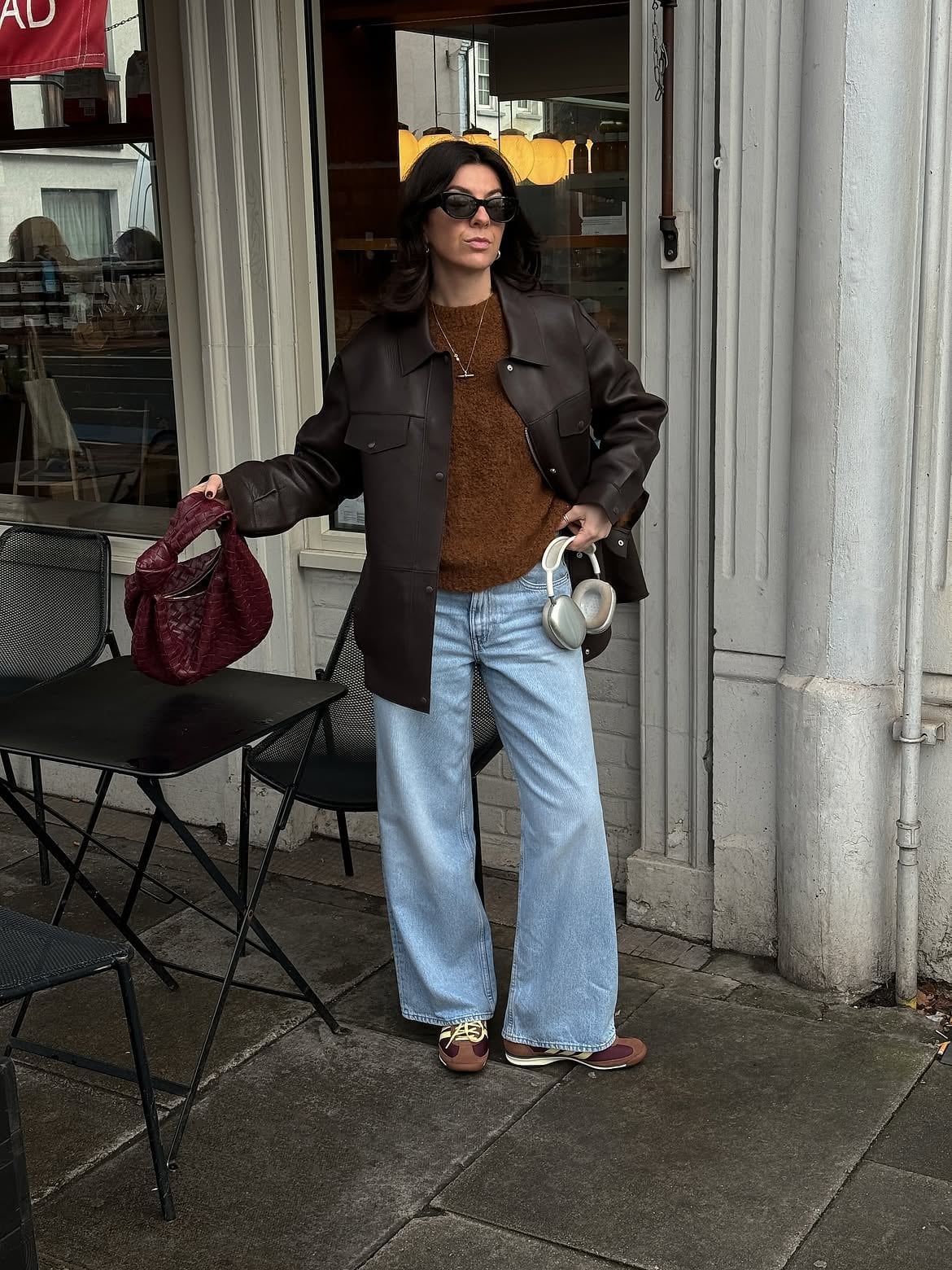 Brown Knit Sweater with Dark Brown Leather Jacket — Trendy Brown Sweater Outfit