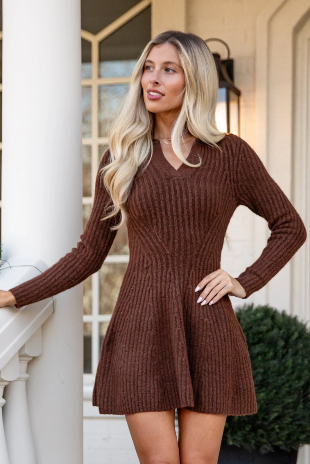 Brown Ribbed Knit Collared Sweater Dress — Trendy Brown Sweater Outfit