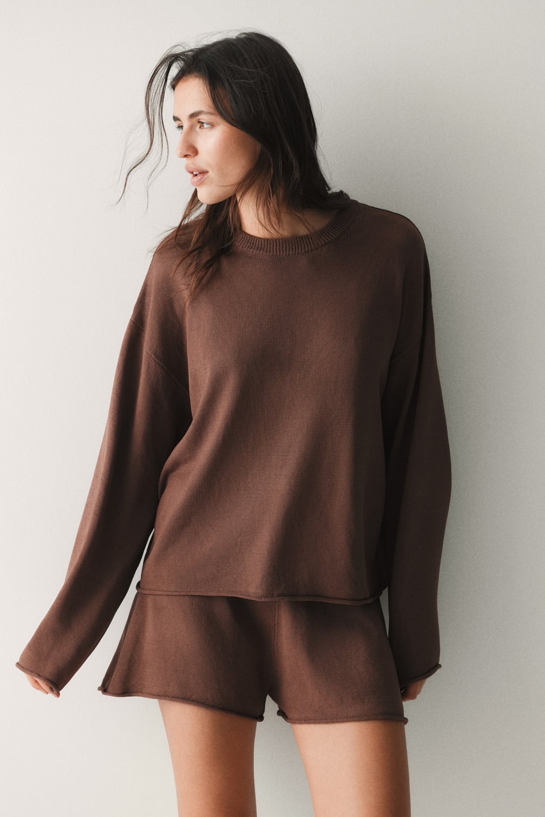 Brown Knit Crewneck Sweater with Matching Knit Shorts — Trendy Brown Sweater Outfit